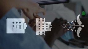 Animation of medical icons over diverse female and male doctor with laptop talking. Network, medical services, healthcare, teamwork, digital interface and communication, digitally generated video. - Powered by Shutterstock - Get 15% off with code: PIKWIZARD15