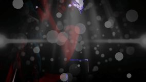 Female singer raising mic and performing music with flares and particles while dancer moving behind. Performance, concert, stage, theater, entertainment, artistry, lighting - Powered by Shutterstock - Get 15% off with code: PIKWIZARD15