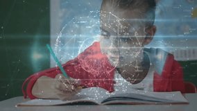 Schoolgirl reaching for green pencil writing notes sparking rotating globe in classroom for study. Education, learning, knowledge, student, classroom, innovation, technology - Powered by Shutterstock - Get 15% off with code: PIKWIZARD15