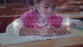 Female student lowering head and writing on paper as network sphere appearing above desk for study. Educational, innovation, futuristic, focus, concentration, classroom, youth - Powered by Shutterstock - Get 15% off with code: PIKWIZARD15