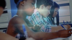 Camera shifting toward boy writing in classroom, overlay linking pens with glowing data nodes. Student, education, digital, networking, focus, collaboration, learning - Powered by Shutterstock - Get 15% off with code: PIKWIZARD15