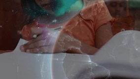 Girl lifting pencil to trace lines in class generating rotating digital globe overlay for education. Child, learning, technology, innovation, creativity, collaboration, futuristic - Powered by Shutterstock - Get 15% off with code: PIKWIZARD15