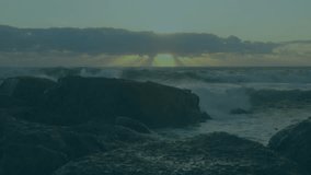 Upon sun peeking, 3D grid over shoreline fading in, point sliding, line graph tracing market trends. Seascape, data visualization, analytics, financial, technology, ocean, digital - Powered by Shutterstock - Get 15% off with code: PIKWIZARD15