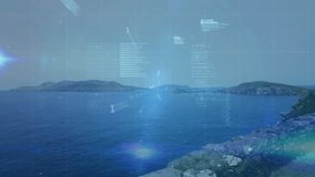 Sliding data lines over sea surface, materializing cylinder updating charts under sweeping beam. Technology, data visualization, marine, digital interface, futuristic, analytics, oceanic - Powered by Shutterstock - Get 15% off with code: PIKWIZARD15