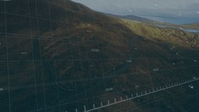 Opening aerial hillside showing grid number markers red trend line fluctuating for terrain analysis. Topography, data visualization, analytics, outdoor, technology, gradient, landscape - Powered by Shutterstock - Get 15% off with code: PIKWIZARD15