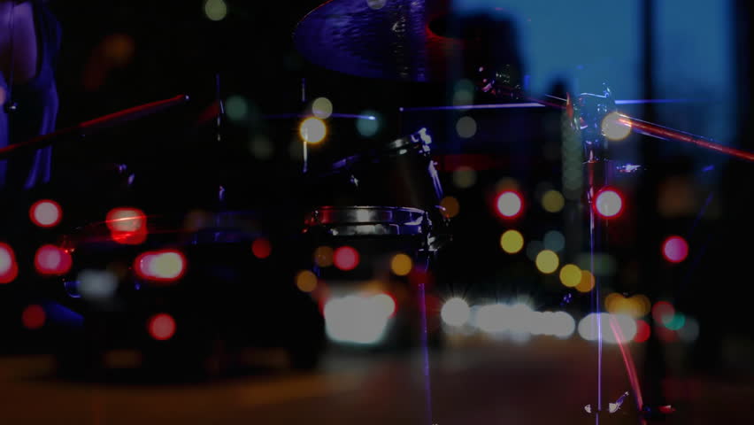 Drummer initiating beat by striking drums while animated city lights boosting music industry mood. Vintage, dynamic, vibrant, nightlife, performance, creative, rhythm