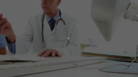 Doctor tapping file with data overlay forming and staff pointing tablet reviewing patient data. Medical, collaboration, digital, technology, healthcare, professionalism, innovation - Powered by Shutterstock - Get 15% off with code: PIKWIZARD15