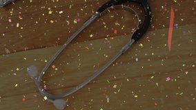 Doctor hand entering frame writing patient notes in notebook by stethoscope with drifting particles. Medical, professional, clinical, workspace, analytical, educational, minimalistic - Powered by Shutterstock - Get 15% off with code: PIKWIZARD15