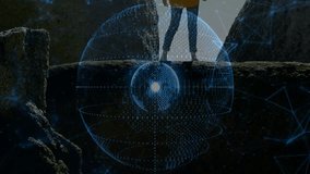 Hiker stepping onto rocky ledge, activating holographic rotating globe tech network wrapping torso. Futuristic, technology, adventure, exploration, innovation, immersive, digital - Powered by Shutterstock - Get 15% off with code: PIKWIZARD15