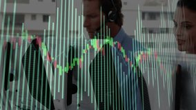 Camera panning across agents monitoring screens with headsets as market data updating chart overlay. Financial, teamwork, corporate, technology, analysis, communication, productivity - Powered by Shutterstock - Get 15% off with code: PIKWIZARD15