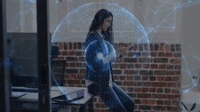 Woman using tablet generating globe hologram with network nodes to visualize data in tech hub. Technology, innovation, connectivity, digital, futurism, workspace, visualization - Powered by Shutterstock - Get 15% off with code: PIKWIZARD15