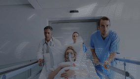 medical team pushing patient on stretcher forward, projecting binary grid scanning for monitoring. Healthcare, technology, innovation, professionalism, safety, sterile, futuristic - Powered by Shutterstock - Get 15% off with code: PIKWIZARD15