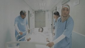 Medical team pushing stretcher down corridor monitoring vital signs, displaying AR health charts. Medical team, healthcare, emergency, futuristic, diagnostics, teamwork, hospital corridor - Powered by Shutterstock - Get 15% off with code: PIKWIZARD15