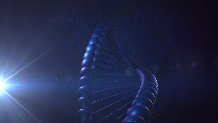 Bright lens flare initiating rotating double helix zooming inward for DNA structure visualization. Futuristic, scientific, molecular, abstract, digital, space, innovation