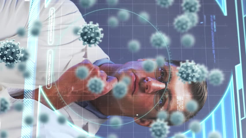 Digital interface with covid-19 cells and data processing against thoughtful caucasian male doctor. covid-19 medical research and technology concept - Powered by Shutterstock - Get 15% off with code: PIKWIZARD15