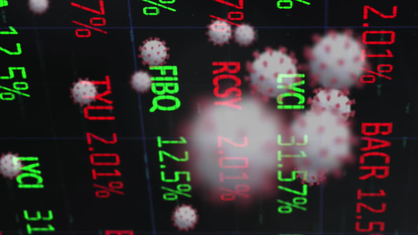 Digital animation of Stock market data processing over Covid-19 cells moving against black background. Coronavirus Covid-19 pandemic and Global economy stock market - Powered by Shutterstock - Get 15% off with code: PIKWIZARD15