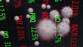Digital animation of Stock market data processing over Covid-19 cells moving against black background. Coronavirus Covid-19 pandemic and Global economy stock market - Powered by Shutterstock - Get 15% off with code: PIKWIZARD15