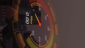 Animation of orange speedometer over cityscape. Internet speed, transfer, communication and technology concept digitally generated video. - Powered by Shutterstock - Get 15% off with code: PIKWIZARD15