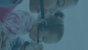 Animation of online security digital padlock over group of children wearing phone headsets using computers. Global business finance education network interface concept digital composite. - Powered by Shutterstock - Get 15% off with code: PIKWIZARD15