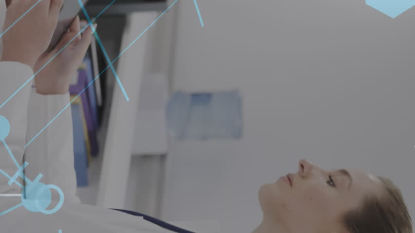 Animation of dna strands and chemical formula over happy diverse doctors in office. Medicine, health and digital interface concept, digitally generated video. - Powered by Shutterstock - Get 15% off with code: PIKWIZARD15