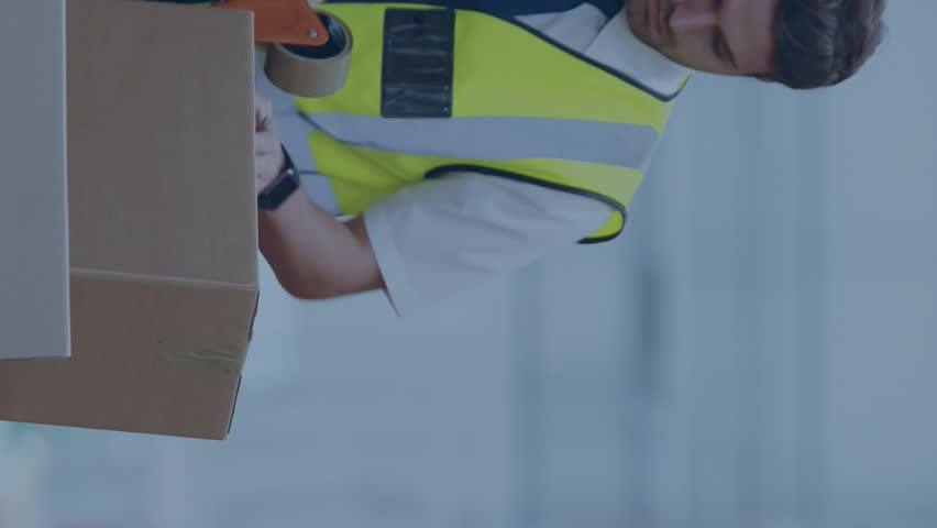 Animation of data processing on screen over caucasian man working in warehouse. Global shipping, networks, digital interface, computing and data processing concept digitally generated video. - Powered by Shutterstock - Get 15% off with code: PIKWIZARD15