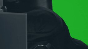 Animation of digital interface over hacker in balaclava and sunglasses using laptop computer with data processing on green screen. Global network online security concept digital composite. - Powered by Shutterstock - Get 15% off with code: PIKWIZARD15