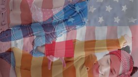 Animation of flag of usa over happy diverse friends on beach in summer. American patriotism, diversity and vacation concept digitally generated video. - Powered by Shutterstock - Get 15% off with code: PIKWIZARD15