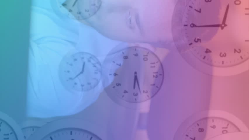 Working on computer in office, man with clocks animation in background. Business, technology, workplace, multitasking, time management, productivity - Powered by Shutterstock - Get 15% off with code: PIKWIZARD15