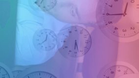 Working on computer in office, man with clocks animation in background. Business, technology, workplace, multitasking, time management, productivity - Powered by Shutterstock - Get 15% off with code: PIKWIZARD15