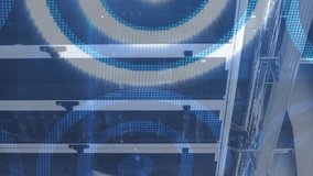 Animation of blue and white circles over an empty server room. digital interface global connections concept digitally generated video. - Powered by Shutterstock - Get 15% off with code: PIKWIZARD15