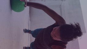 Animation of dna strands spinning over woman doing press ups, exercising with ball in gym. Digital interface global sport and performance concept digitally generated video. - Powered by Shutterstock - Get 15% off with code: PIKWIZARD15