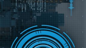 Animation of data processing and scope scanning over cityscape. Global data processing, business, finance and digital interface concept digitally generated video. - Powered by Shutterstock - Get 15% off with code: PIKWIZARD15