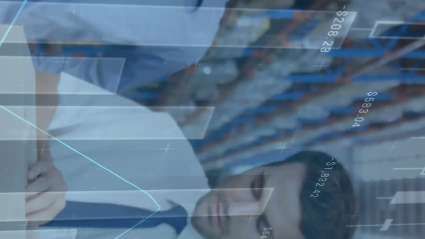 Animation of financial graphs over caucasian male warehouse workers. business, finance and delivery services concept digitally generated video. - Powered by Shutterstock - Get 15% off with code: PIKWIZARD15
