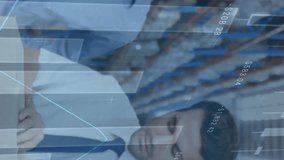 Animation of financial graphs over caucasian male warehouse workers. business, finance and delivery services concept digitally generated video. - Powered by Shutterstock - Get 15% off with code: PIKWIZARD15