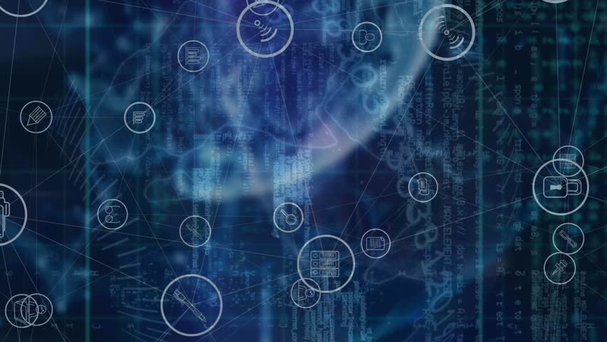 Animation of network of connections with icons over globe. Global connections, data processing and digital interface concept digitally generated video. - Powered by Shutterstock - Get 15% off with code: PIKWIZARD15