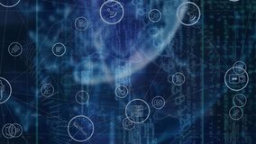 Animation of network of connections with icons over globe. Global connections, data processing and digital interface concept digitally generated video. - Powered by Shutterstock - Get 15% off with code: PIKWIZARD15