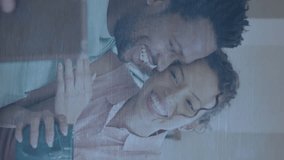 Animation of colourful pencils over african american couple using tablet. Autism awareness month and celebration concept digitally generated video. - Powered by Shutterstock - Get 15% off with code: PIKWIZARD15