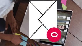 Animation of email icon with numbers over caucasian woman on laptop video call. Global social media, business, technology, data processing and digital interface concept digitally generated video. - Powered by Shutterstock - Get 15% off with code: PIKWIZARD15