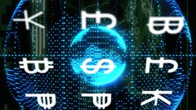 Animation of currency symbols over globe against interface with world map and data processing. Global economy and business networking technology concept - Powered by Shutterstock - Get 15% off with code: PIKWIZARD15