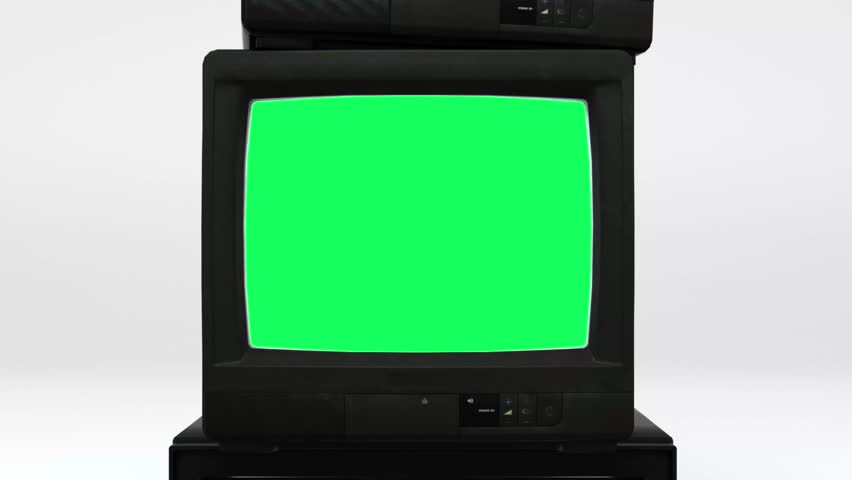 Zoom out of stack vintage retro crt televisions with green screen for chroma key on white background. Old analog tv set 3d render concept for video editing, broadcast design, and advertising