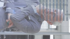 Animation of infographic interface over thoughtful caucasian man looking through window in office. Digital composite, multiple exposure, report, business, growth, progress and global concept. - Powered by Shutterstock - Get 15% off with code: PIKWIZARD15