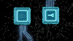 Animation of key, padlock icons, data processing over circuit board on black background. Global connections, computing and data processing concept digitally generated video. - Powered by Shutterstock - Get 15% off with code: PIKWIZARD15