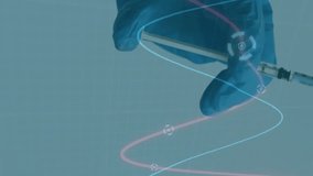 Holding syringe, gloved hand over fluctuating medical data animation. Healthcare, science, technology, diagnostics, research, surgery - Powered by Shutterstock - Get 15% off with code: PIKWIZARD15