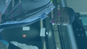 Discussing over tablet, business professionals with coding animation overlay in office. Technology, collaboration, innovation, teamwork, digital, analytics - Powered by Shutterstock - Get 15% off with code: PIKWIZARD15