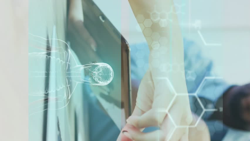 People discussing over tablet with digital brain and DNA animations overlay. Technology, innovation, collaboration, genetics, artificial intelligence, science - Powered by Shutterstock - Get 15% off with code: PIKWIZARD15