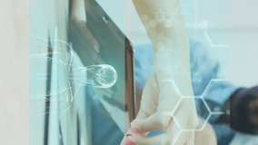 People discussing over tablet with digital brain and DNA animations overlay. Technology, innovation, collaboration, genetics, artificial intelligence, science - Powered by Shutterstock - Get 15% off with code: PIKWIZARD15