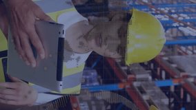 Discussing logistics, warehouse workers in hard hats with digital animation overlay. teamwork, technology, planning, industrial, innovation, safety - Powered by Shutterstock - Get 15% off with code: PIKWIZARD15