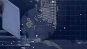 Analyzing data on tablet, woman viewing animation with digital world map overlay. Technology, innovation, analytics, user interface, information, touchscreen - Powered by Shutterstock - Get 15% off with code: PIKWIZARD15