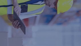 Warehouse worker in safety gear using tablet with data processing animation overlay. Logistics, technology, industrial, inventory, operations, workforce - Powered by Shutterstock - Get 15% off with code: PIKWIZARD15