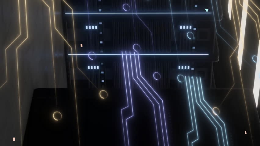 Animation of glowing circuit lines overlaying data patterns in server room. Technology, digital, network, futuristic, electronic, innovation - Powered by Shutterstock - Get 15% off with code: PIKWIZARD15